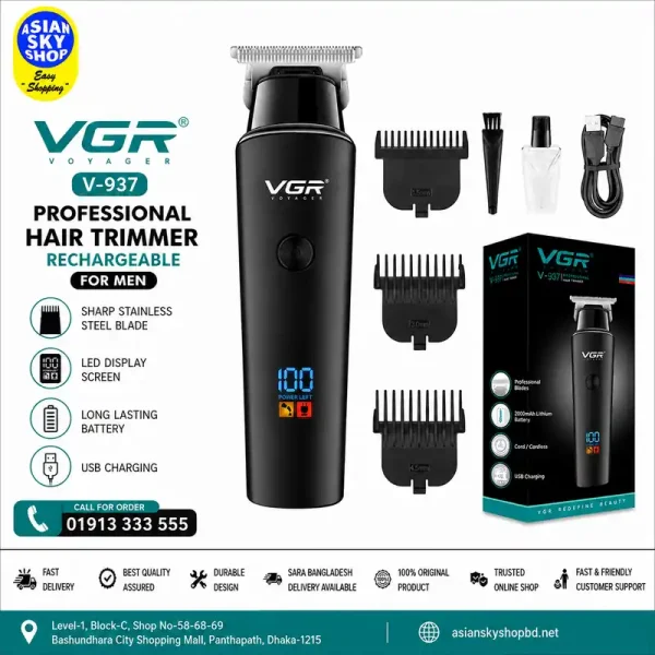 VGR V-937 Professional Rechargeable Hair Trimmer with LED display and T-blade