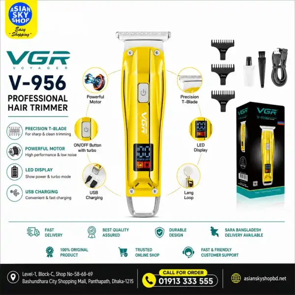 VGR V-956 Professional Hair Trimmer with stainless steel T-blade and LED display