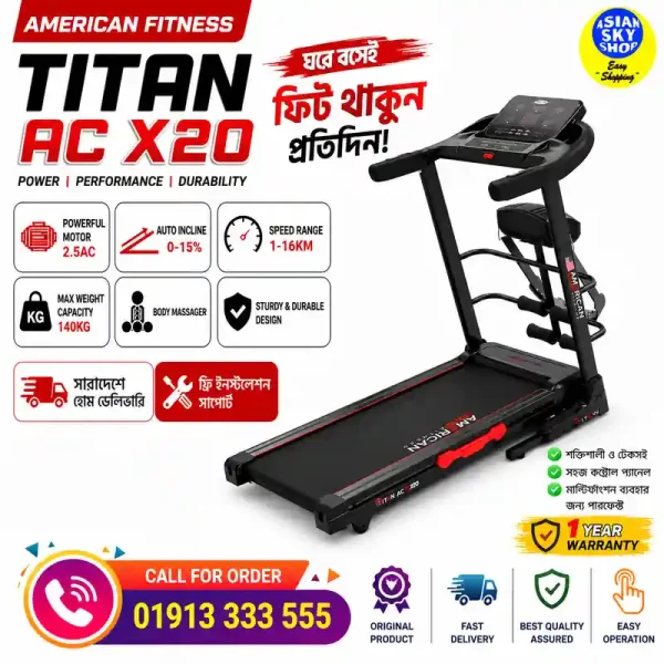 American Fitness TITAN AC X20 Motorized Treadmill with 2.5 HP AC Motor and Auto Incline
