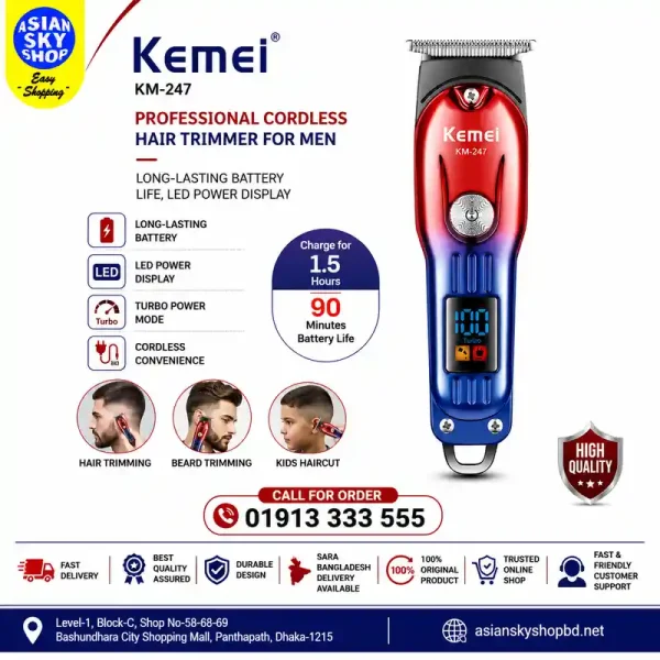 Kemei KM-247 Professional Cordless Hair Trimmer for Men
