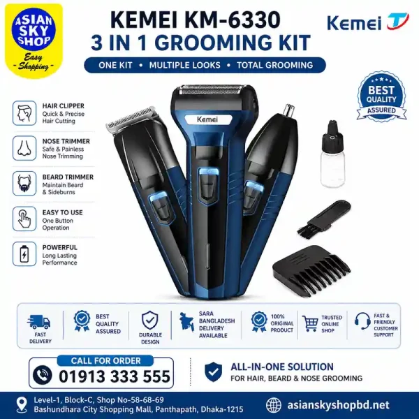 Kemei KM-6330 3 In 1 Hair Trimmer Grooming Kit for Men