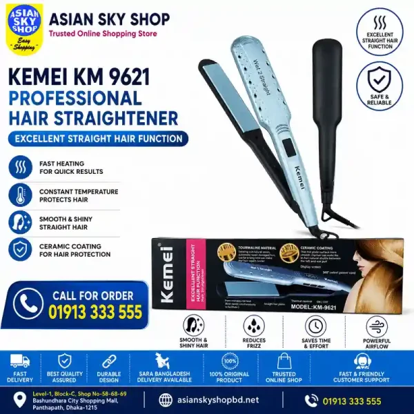 Kemei KM-9621 Professional Hair Straightener with Tourmaline Ceramic Plate