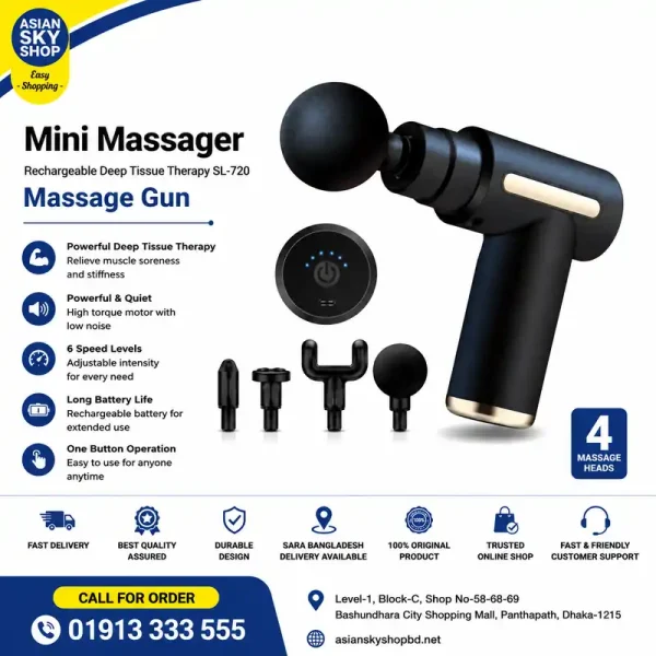 SL-720 Rechargeable Deep Tissue Therapy Massage Gun with 6 Speed and 4 Heads