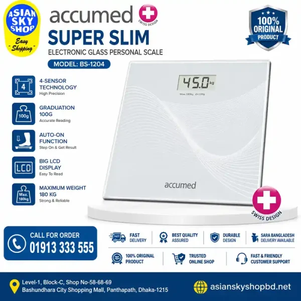 Accumed BS-1204 Super Slim Electronic Glass Personal Scale 180kg