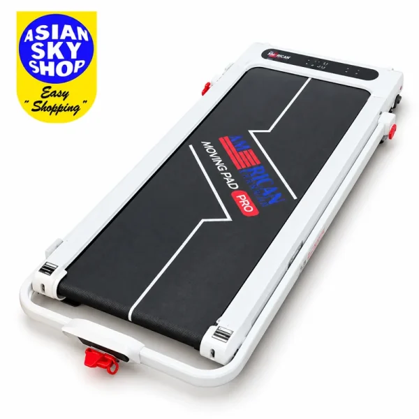 American Fitness Moving Pad Pro white treadmill with handle folded flat
