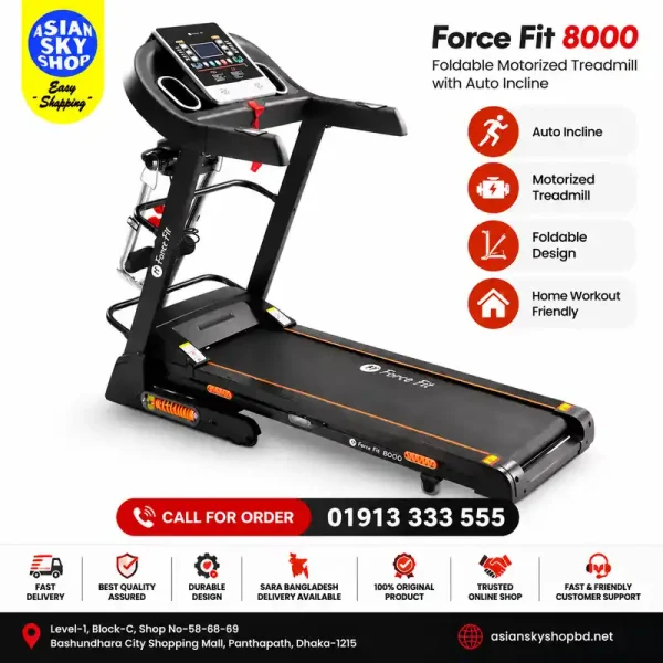 Force Fit 8000 Foldable Motorized Treadmill with Auto Incline